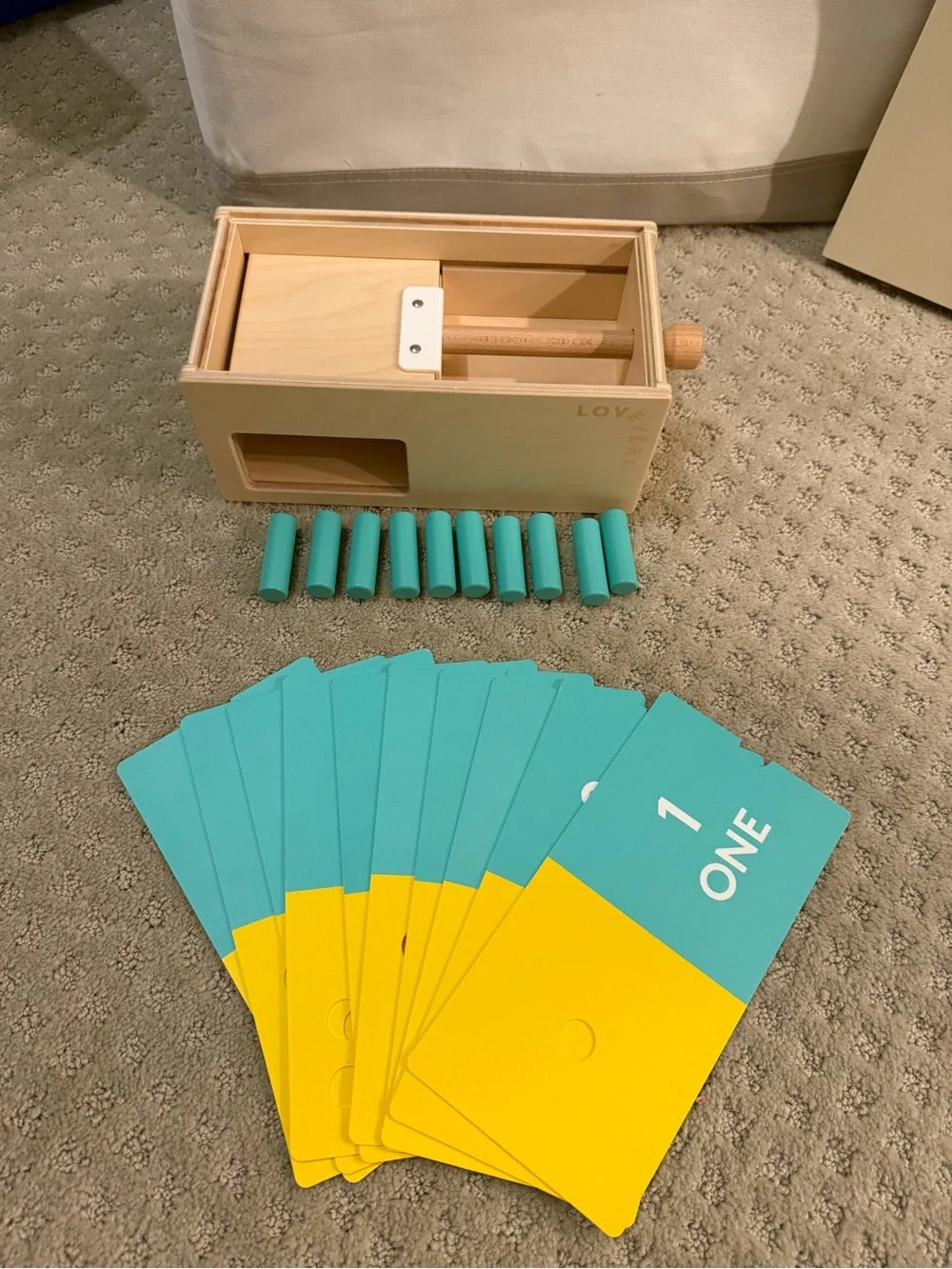 Wooden Number Counting Box with Turquoise and Yellow Cards - Early Learning Toy